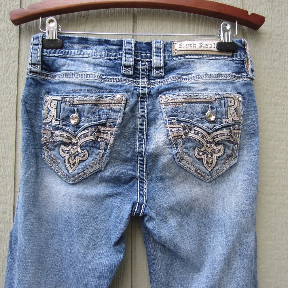 Rock Revival Ysobel Skinny Jeans Womens 27 Light washed Mid Rise Rhinestone Y2K - Picture 4 of 16